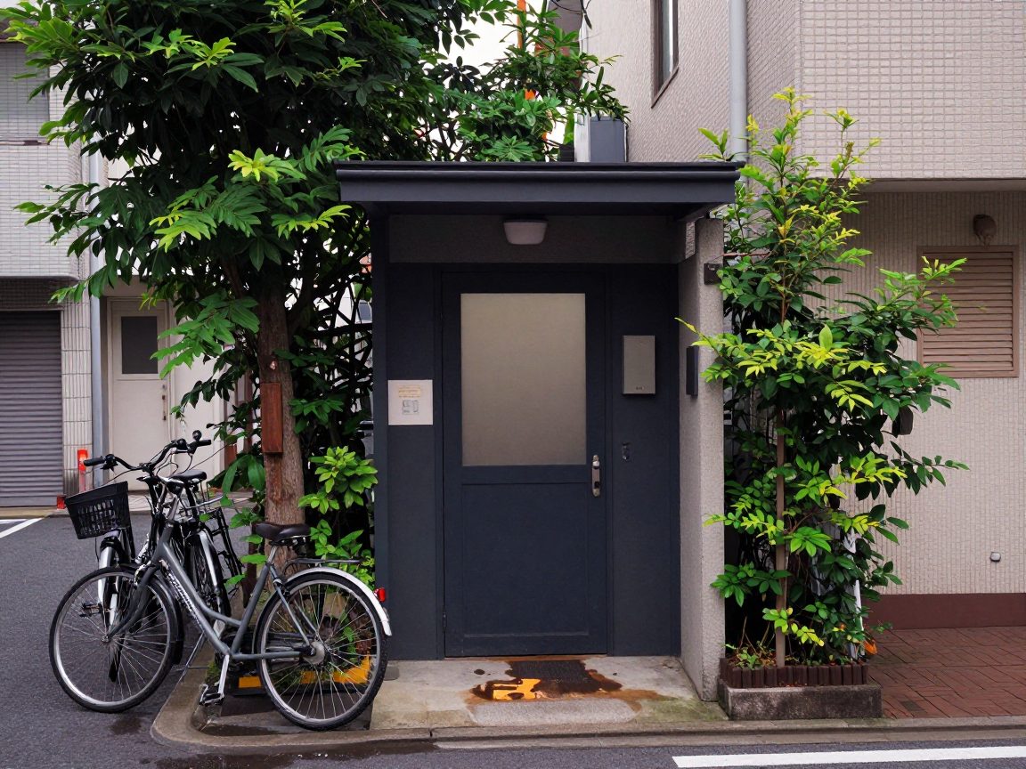 中目黒の路地にあるスタジオ入口と自転車、低層ビルが並ぶ街並み。
